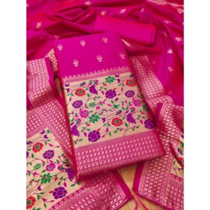 Generic Women's Banarasi Silk Printed Unstitched Salwar Suit Material With Dupatta (Pink, 3Mtrs)