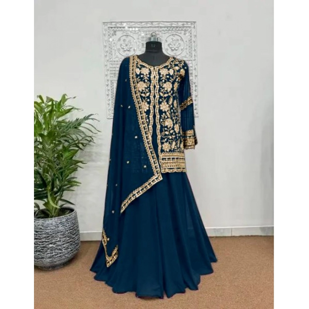 Generic Women's Georgette Embroidery 3-4th Sleeve V-Neck Kurti, Palazzo And Dupatta Set (Morpich) - Image 3