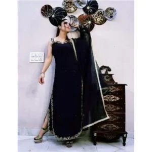 Generic Women's Georgette Embroidery Sleeveless Round Neck Kurti, Palazzo And Dupatta Set (Black)