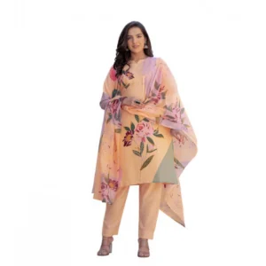Generic Women's Cotton Blend Printed Kurti With Pant Dupatta Set (Orange)