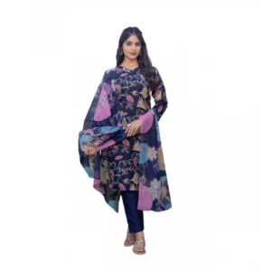 Generic Women's Cotton Blend Printed Kurti With Pant Dupatta Set (NavyBlue)