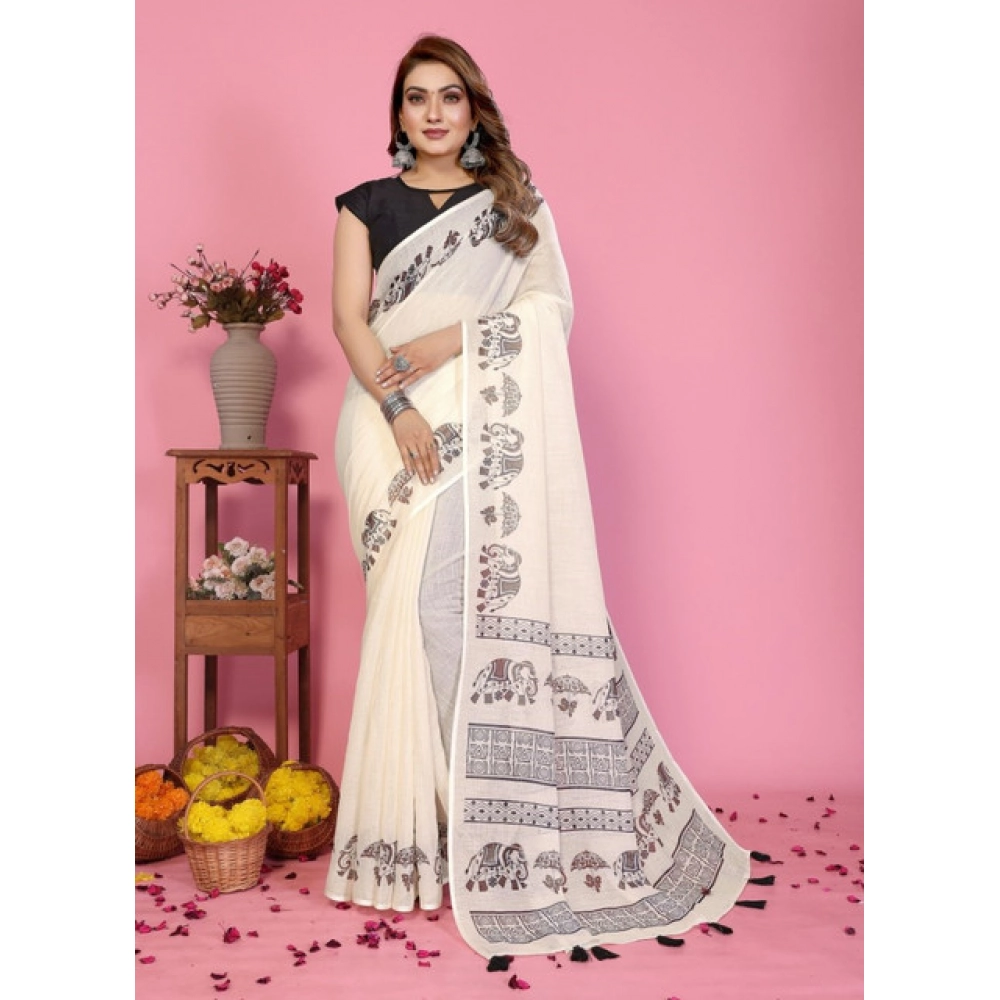 Generic Women's Linen Cotton Printed Saree With Unstitched Blouse 5.5Mtr (Off White) - Image 2