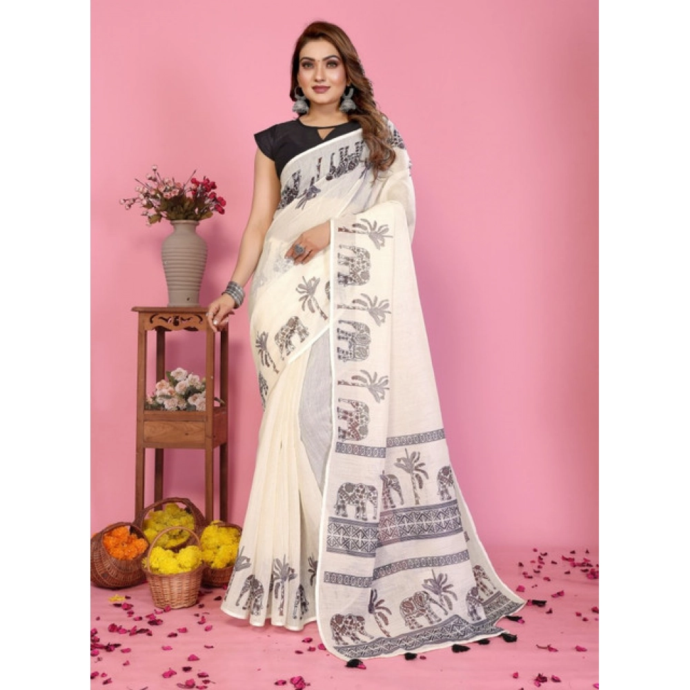 Generic Women's Linen Cotton Printed Saree With Unstitched Blouse 5.5Mtr (Off White) - Image 3