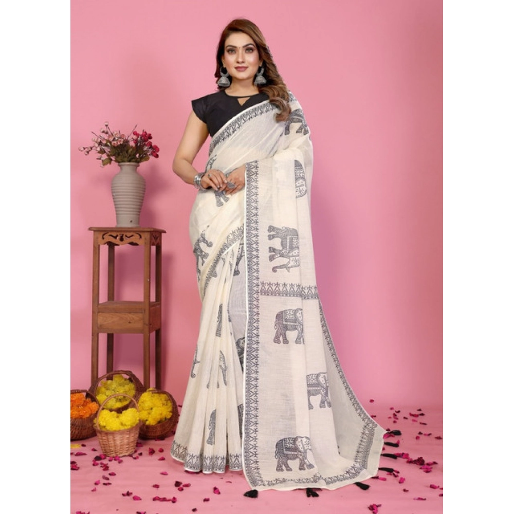 Generic Women's Linen Cotton Printed Saree With Unstitched Blouse 5.5Mtr (Off White) - Image 2