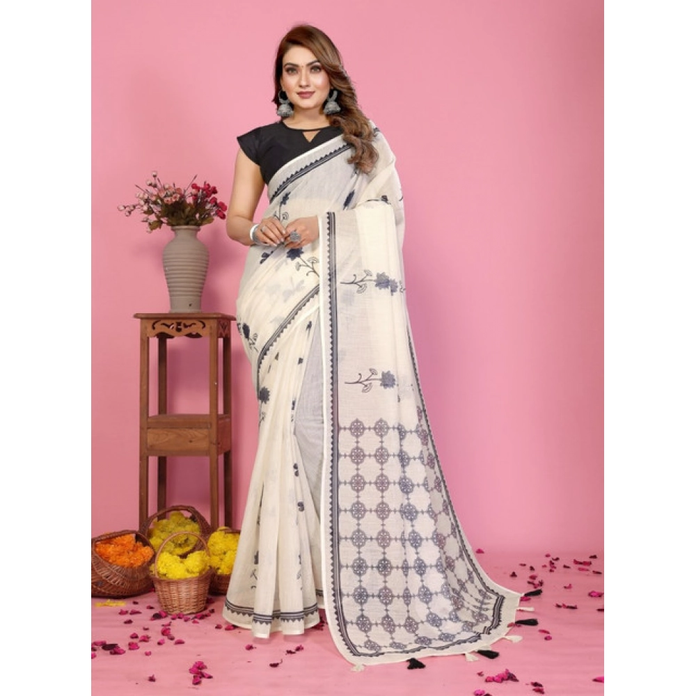 Generic Women's Linen Cotton Printed Saree With Unstitched Blouse 5.5Mtr (Off White) - Image 2