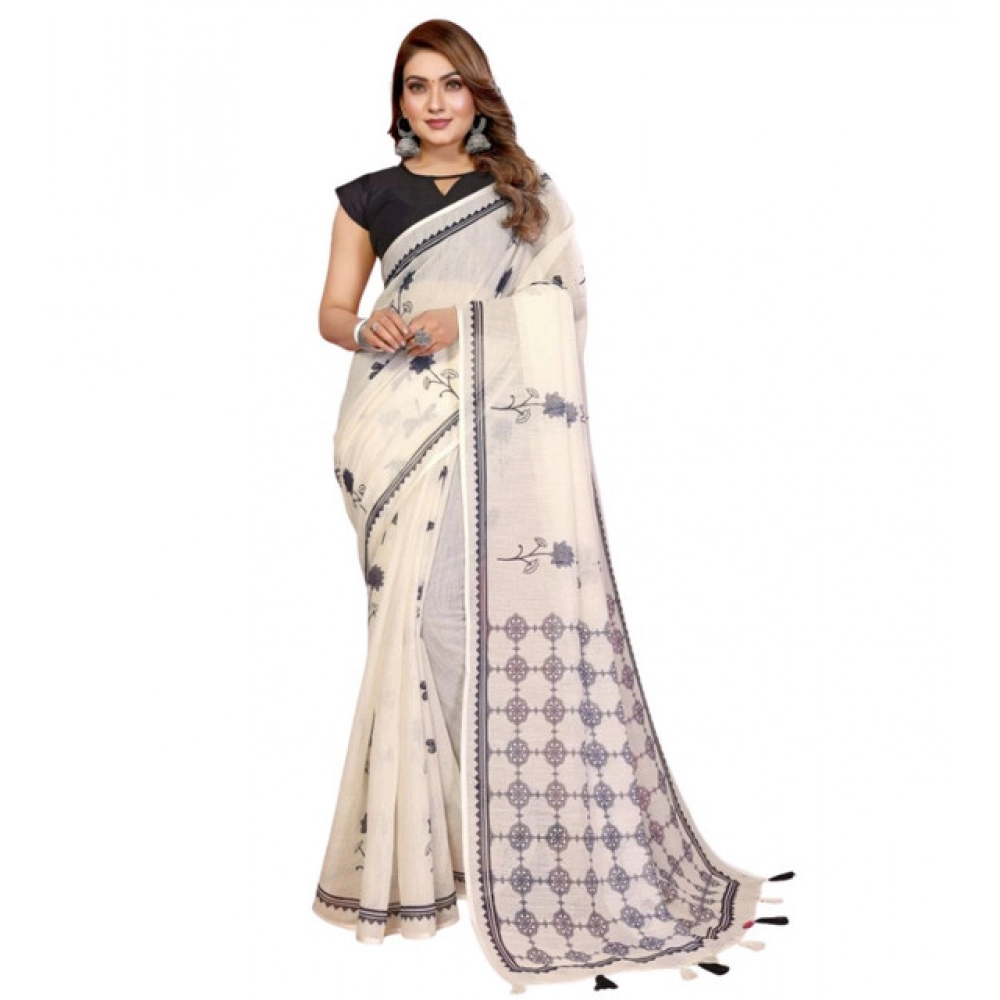 Generic Women's Linen Cotton Printed Saree With Unstitched Blouse 5.5Mtr (Off White) - Image 4