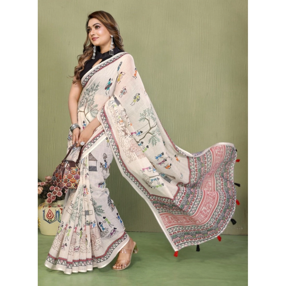 Generic Women's Linen Cotton Printed Saree With Unstitched Blouse 5.5Mtr (Off White) - Image 3