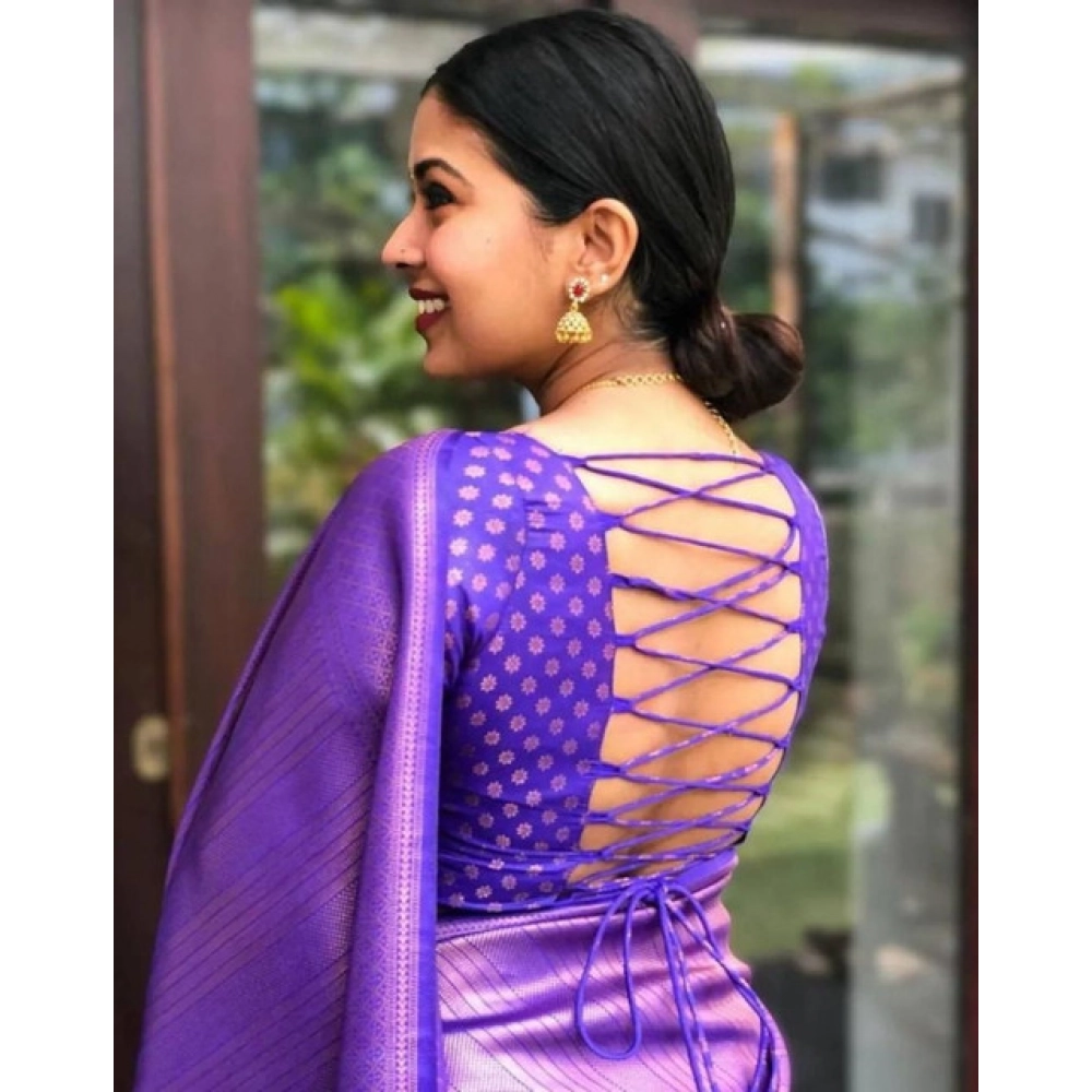 Generic Women's Litchi silk Printed Saree With Unstitched Blouse (Purple) - Image 4