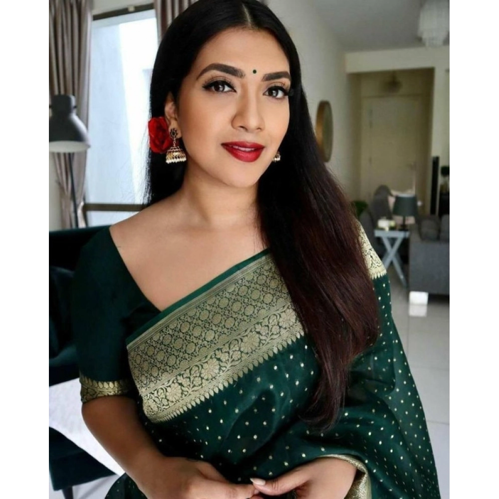 Generic Women's Litchi silk Printed Saree With Unstitched Blouse (Green) - Image 2