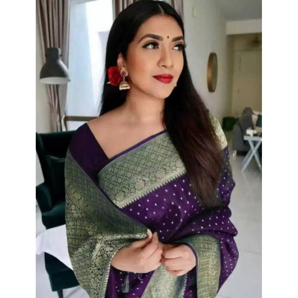Generic Women's Litchi silk Printed Saree With Unstitched Blouse (Purple) - Image 2