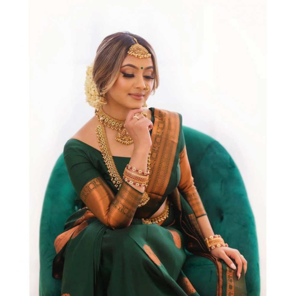 Generic Women's Litchi silk Printed Saree With Unstitched Blouse (Green) - Image 2