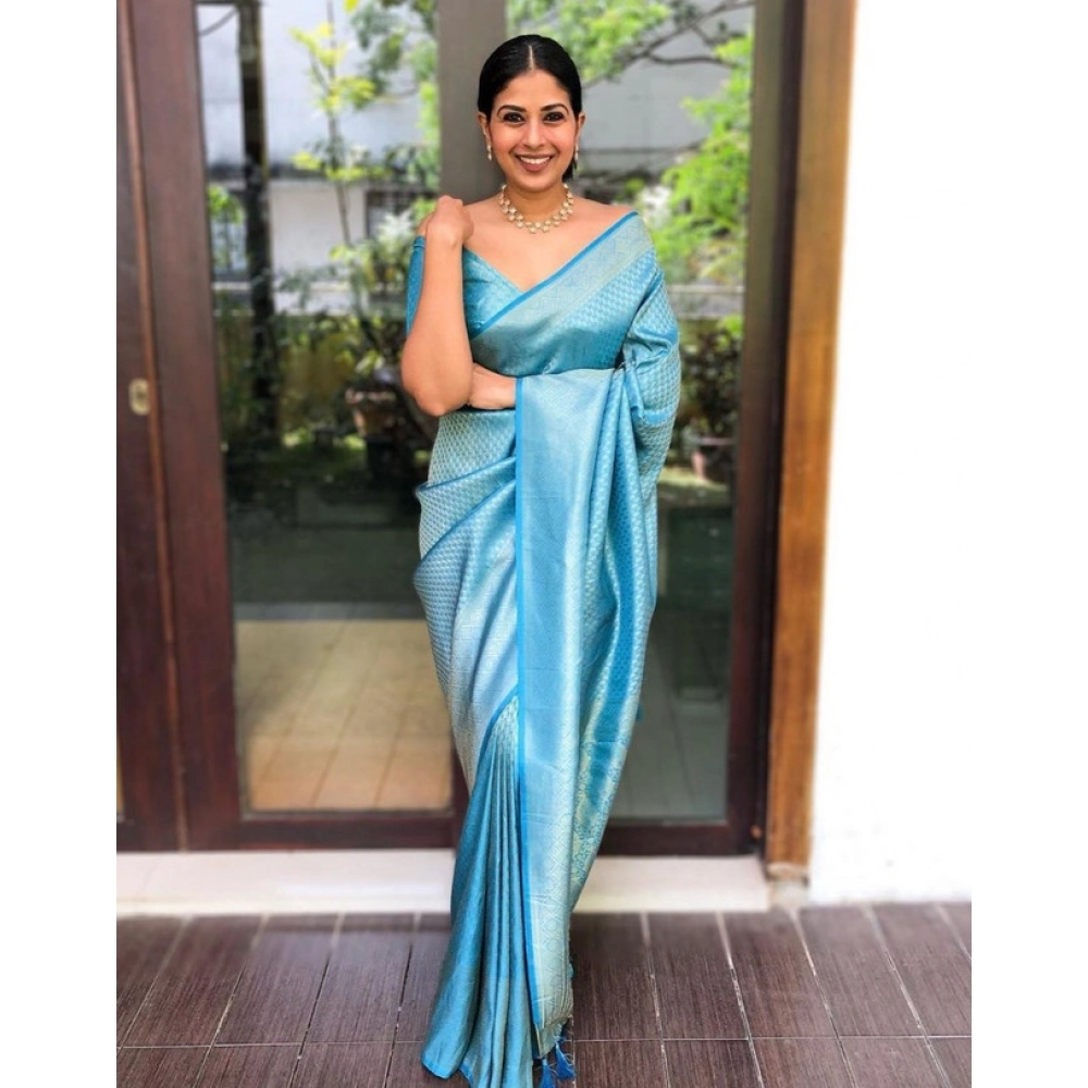 Generic Women's Litchi silk Printed Saree With Unstitched Blouse (Sky Blue) - Image 3