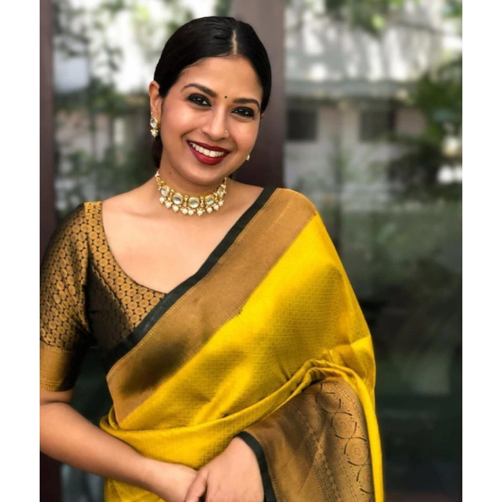 Generic Women's Litchi silk Printed Saree With Unstitched Blouse (Yellow) - Image 2