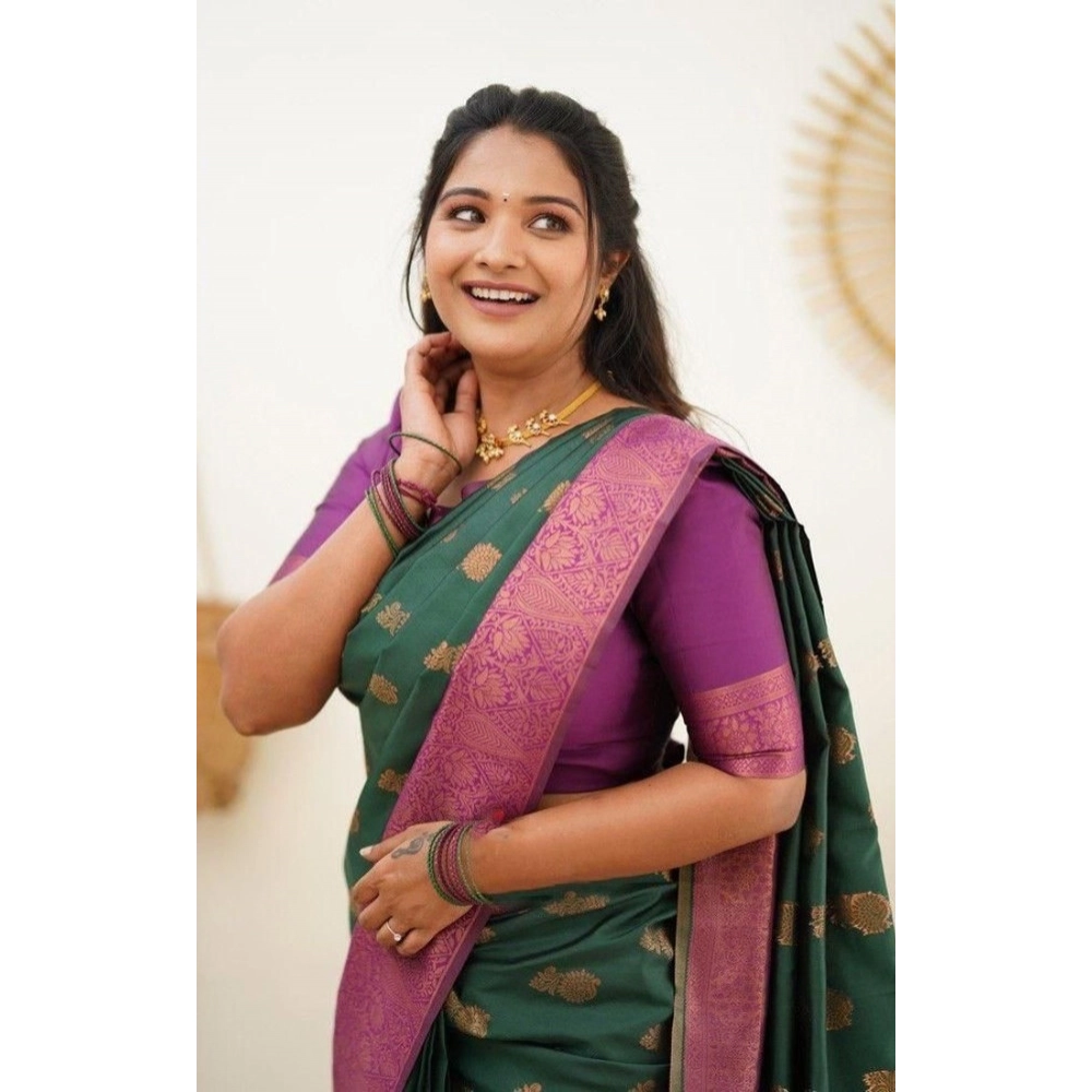 Generic Women's Litchi silk Printed Saree With Unstitched Blouse (Green) - Image 3