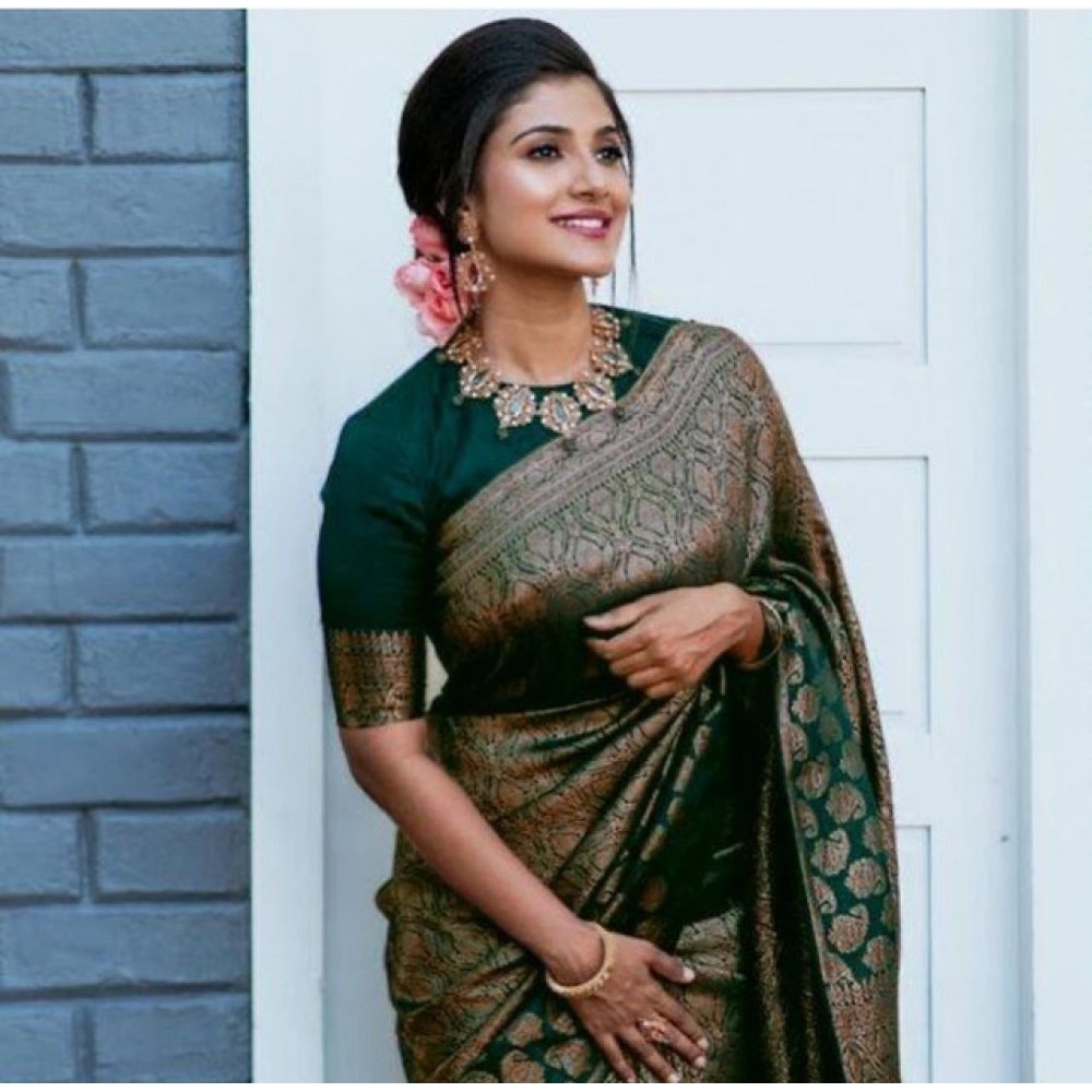 Generic Women's Litchi silk Printed Saree With Unstitched Blouse (Green) - Image 2