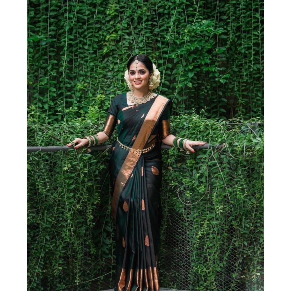 Generic Women's Litchi silk Printed Saree With Unstitched Blouse (Green) - Image 3