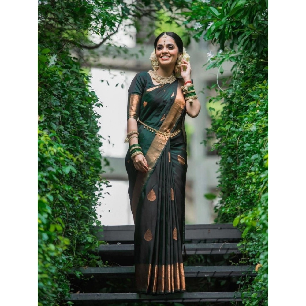 Generic Women's Litchi silk Printed Saree With Unstitched Blouse (Green) - Image 2