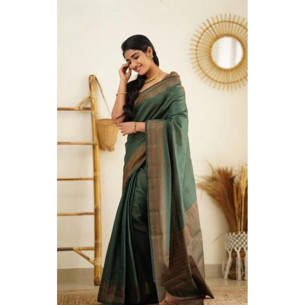 Generic Women's Litchi silk Printed Saree With Unstitched Blouse (Green) - Image 3