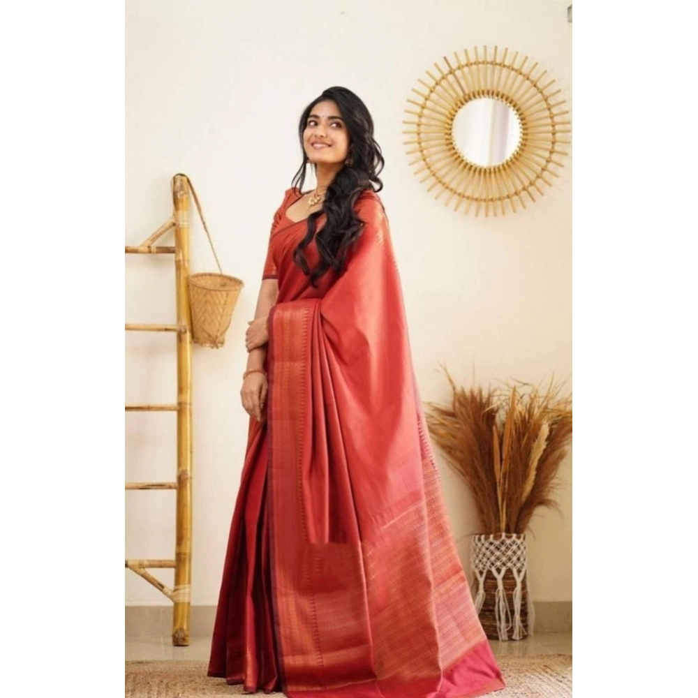 Generic Women's Litchi silk Printed Saree With Unstitched Blouse (Red)