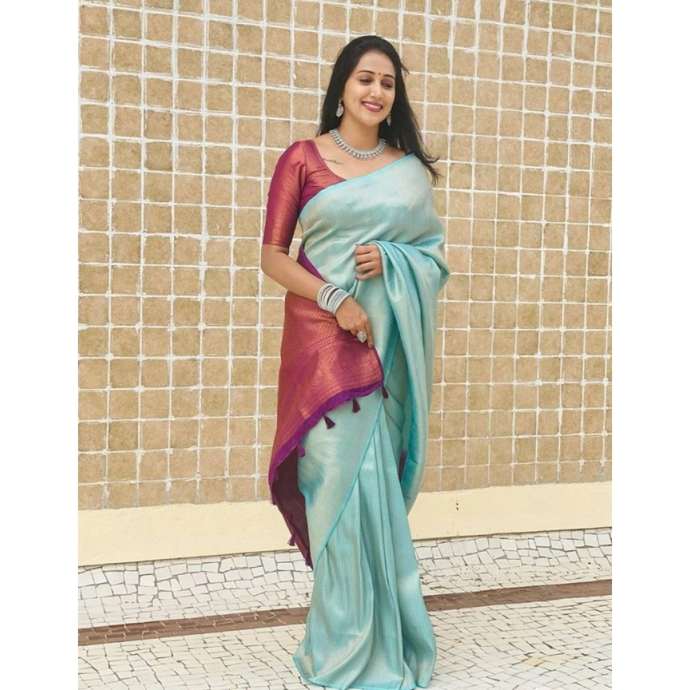 Generic Women's Litchi silk Printed Saree With Unstitched Blouse (Blue)
