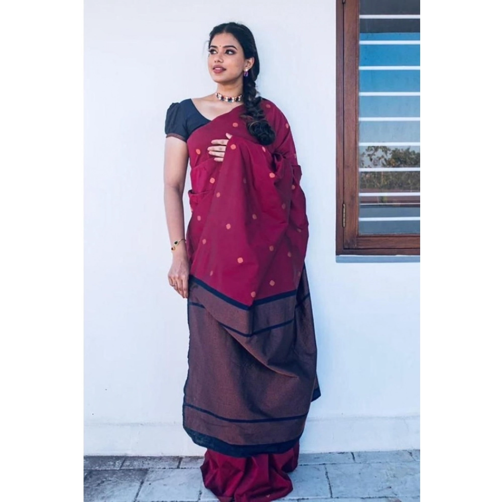 Generic Women's Litchi silk Printed Saree With Unstitched Blouse (Red)