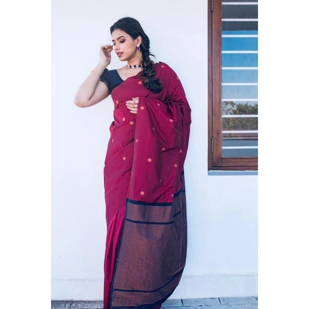 Generic Women's Litchi silk Printed Saree With Unstitched Blouse (Red) - Image 3