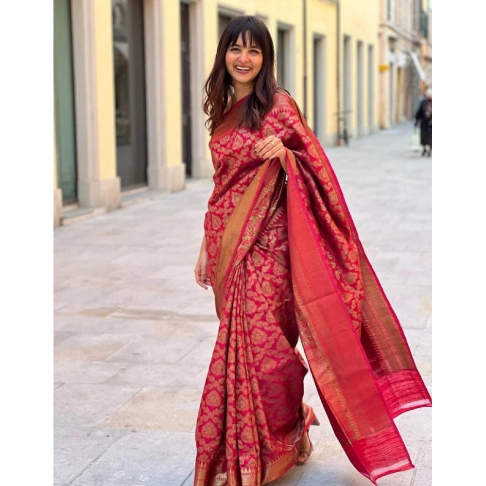 Generic Women's Litchi silk Printed Saree With Unstitched Blouse (Red)