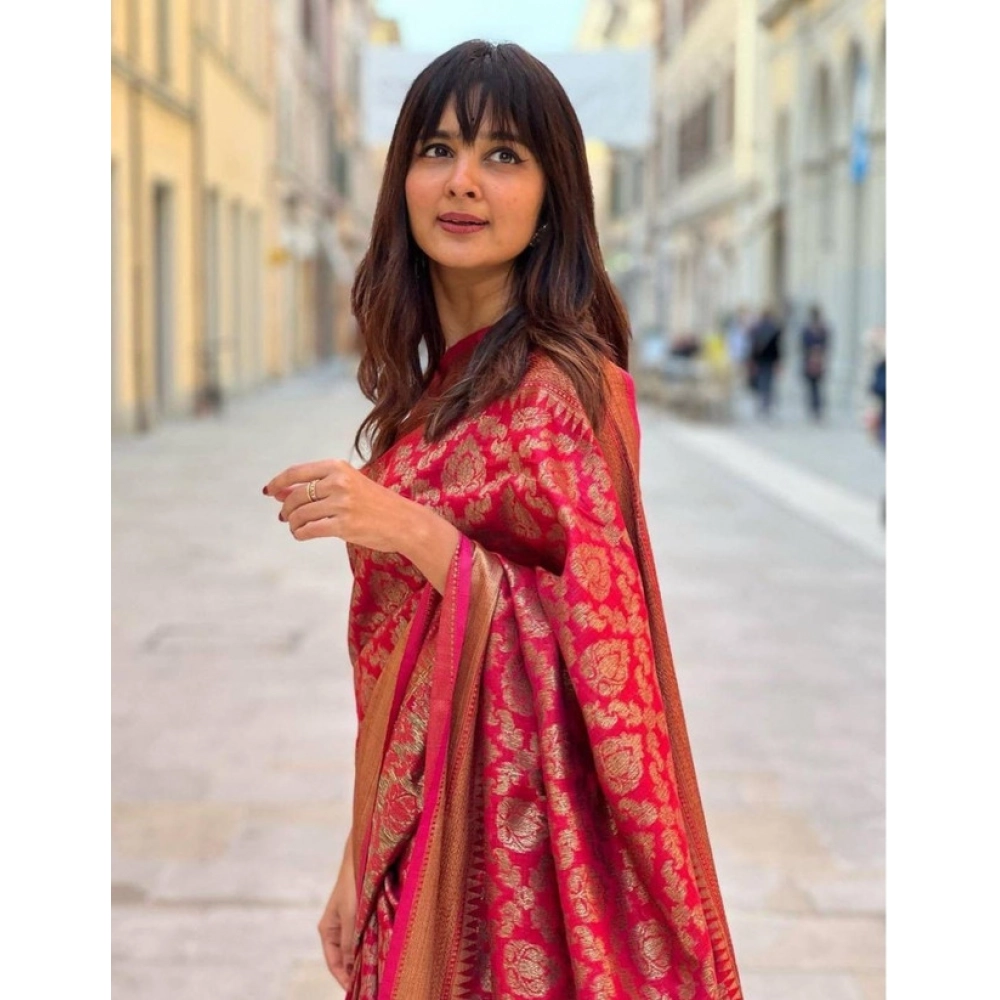 Generic Women's Litchi silk Printed Saree With Unstitched Blouse (Red) - Image 2