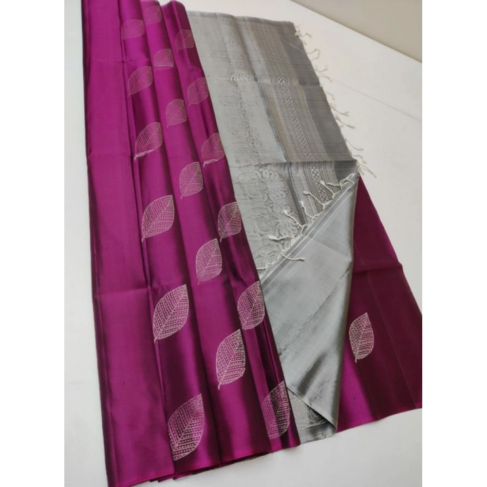 Generic Women's Litchi silk Printed Saree With Unstitched Blouse (Pink)
