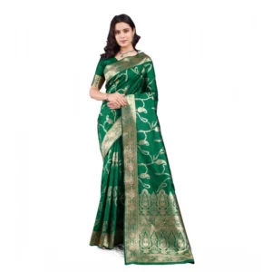Generic Women's Banarasi Silk Printed Saree With Unstitched Blouse 5.5Mtr (Green)