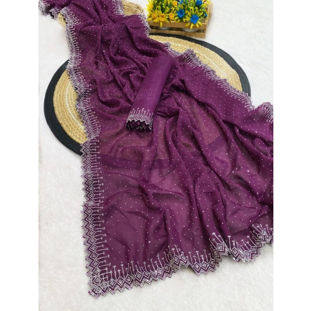 Generic Women's Georgette Stone Work Saree With Unstitched Blouse 5.5Mtr (Purple) - Image 2