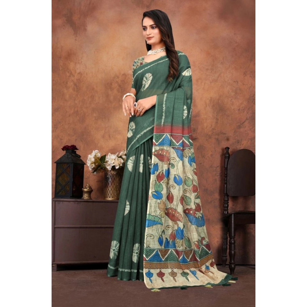 Generic Women's Linen Printed Saree With Unstitched Blouse 5.5Mtr (Dark Green) - Image 5