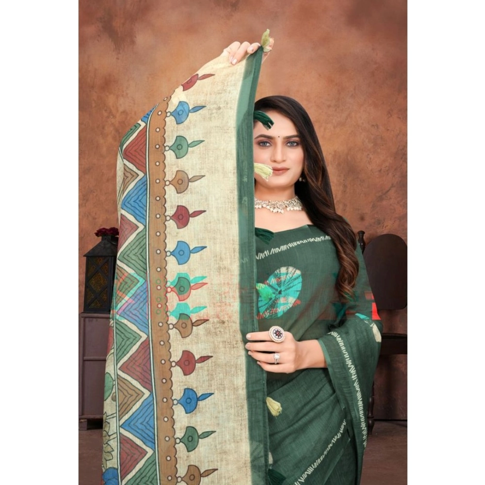 Generic Women's Linen Printed Saree With Unstitched Blouse 5.5Mtr (Dark Green) - Image 3