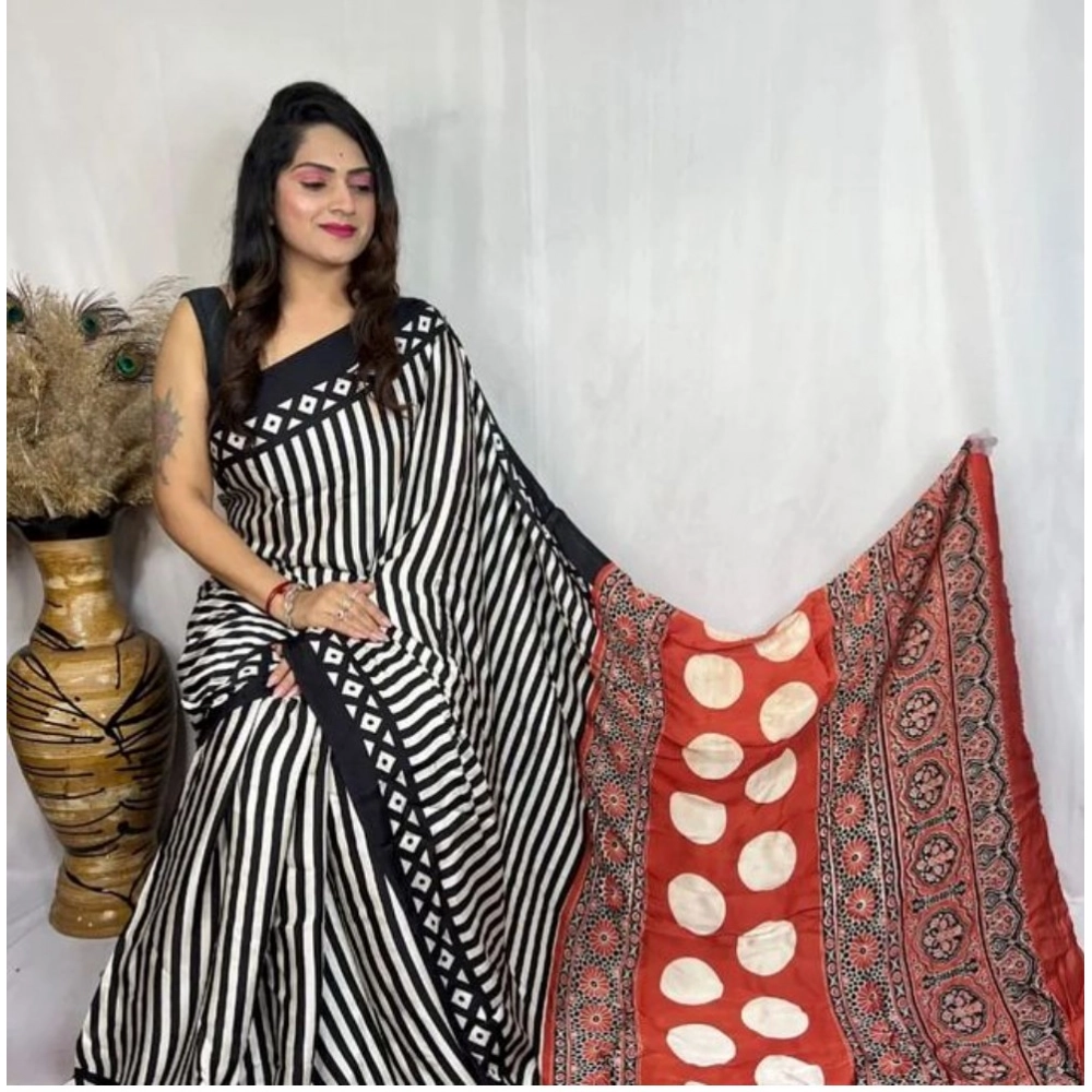 Generic Women's Satin Printed Saree With Unstitched Blouse 5.5Mtr (Black)