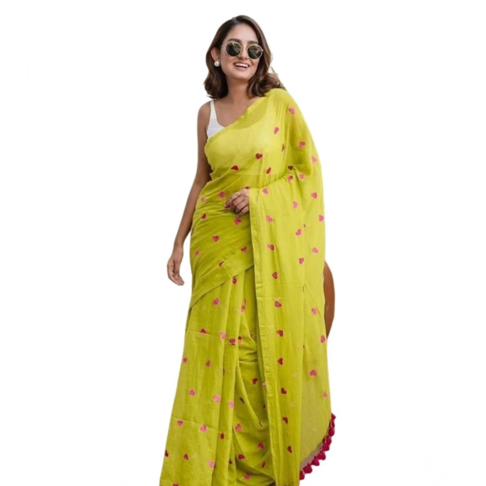 Generic Women's Linen Printed Saree With Unstitched Blouse 5.5Mtr (Light Green) - Image 2