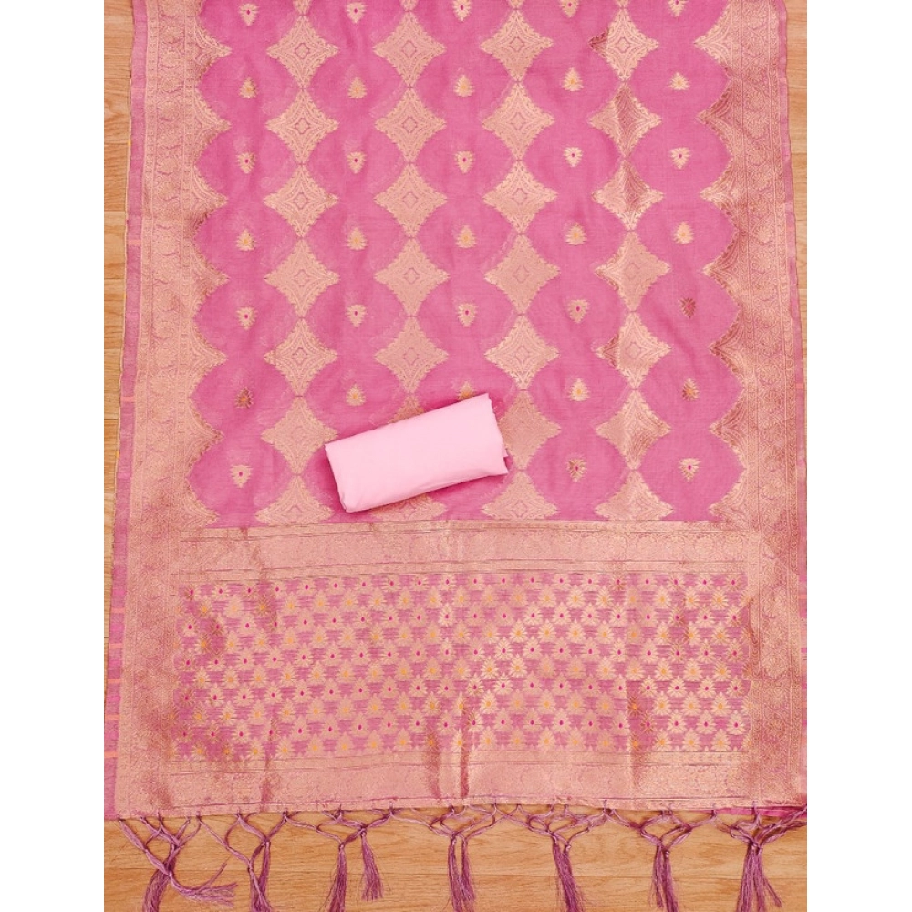 Generic Women's Banarasi Silk Printed Unstitched Salwar Suit Material With Dupatta (Pink, 3Mtrs) - Image 2