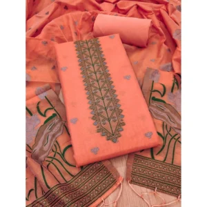 Generic Women's Banarasi Silk Printed Unstitched Salwar Suit Material With Dupatta (Peach, 3Mtrs)