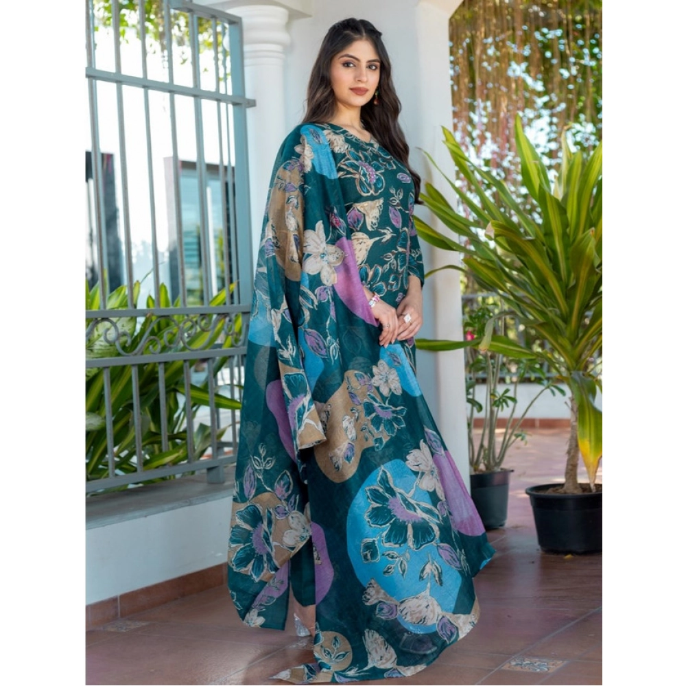 Generic Women's Cotton Blend Printed Kurti With Pant Dupatta Set (Rama) - Image 3
