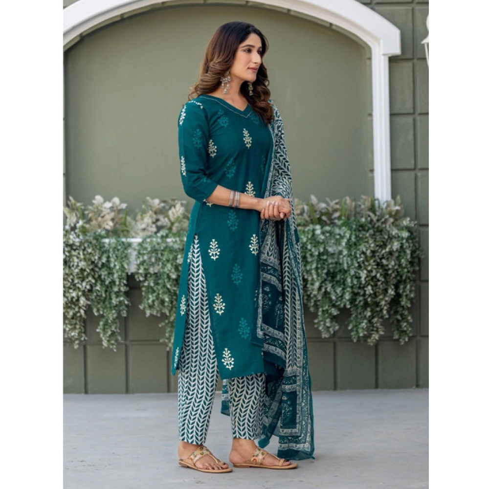 Generic Women's Cotton Blend Printed Kurti With Pant Dupatta Set (Morpichh) - Image 3