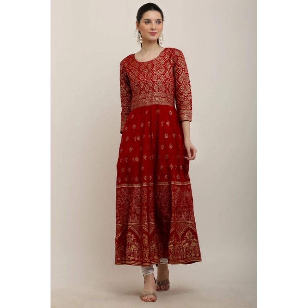 Generic Women's Casual Rayon 3-4th Sleeves Anarkali Kurti (Red) - Image 5