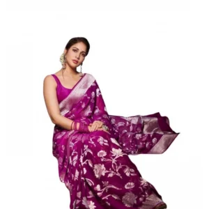 Generic Women's Soft Lichi Silk Printed Saree With Unstitched Blouse 5.5Mtr (Purple)