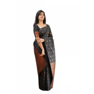 Generic Women's Soft Lichi Silk Printed Saree With Unstitched Blouse 5.5Mtr (Black)
