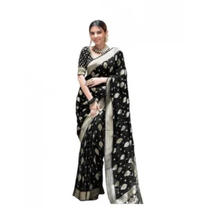 Generic Women's Soft Lichi Silk Printed Saree With Unstitched Blouse 5.5Mtr (Black)