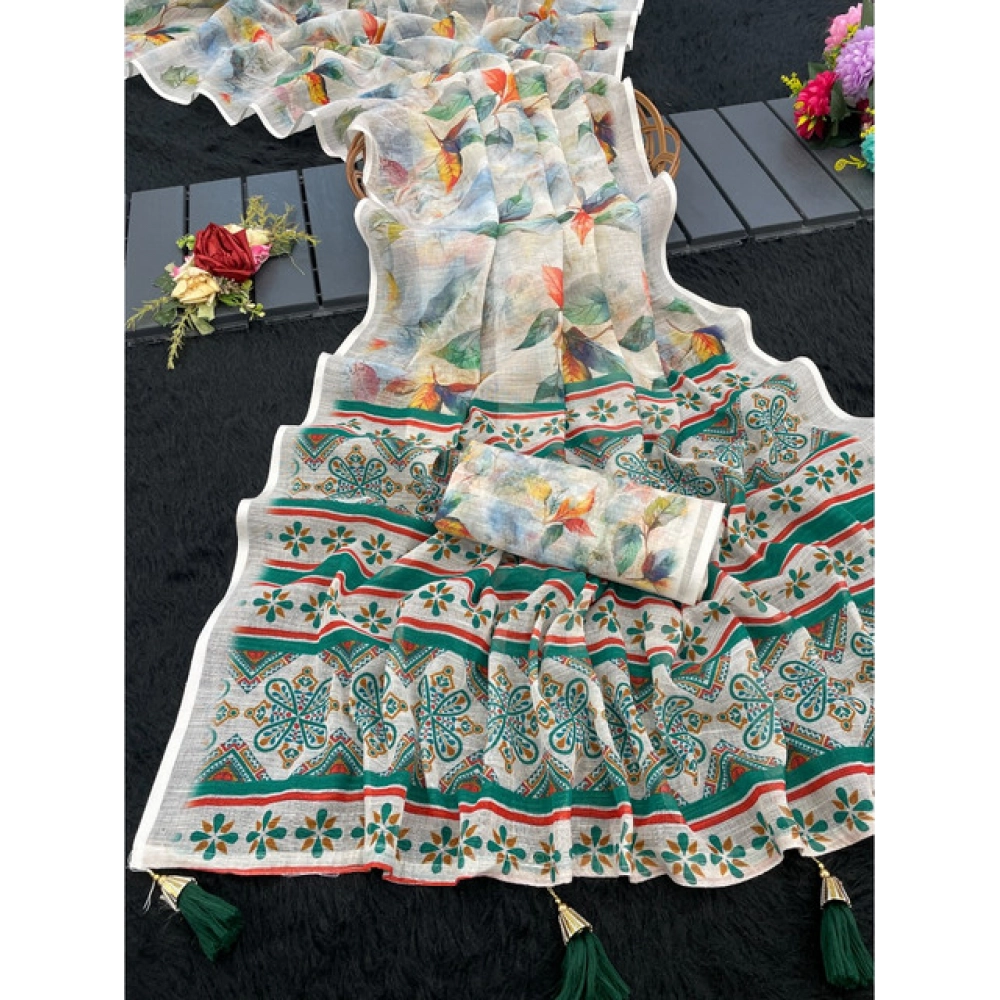Generic Women's Linen Cotton  Printed Saree With Unstitched Blouse 5.5Mtr (Green)