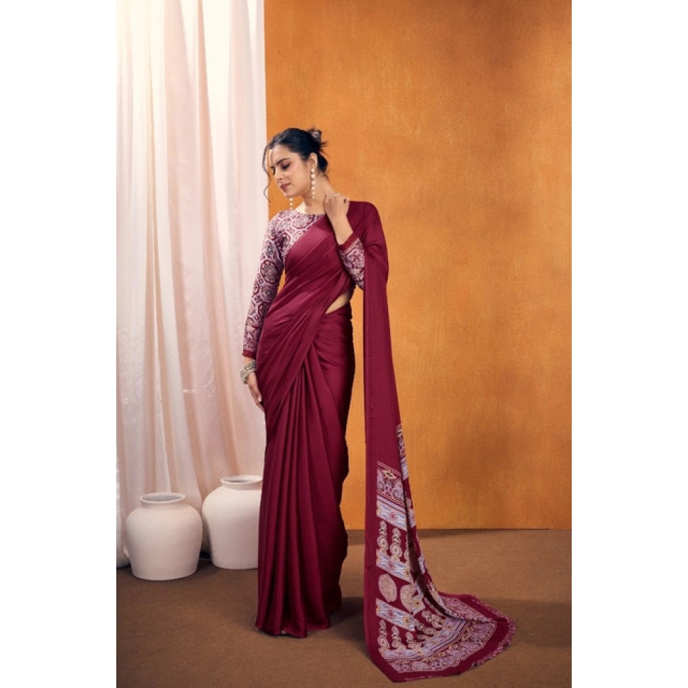Generic Women's Satin Crepe Printed Saree With Unstitched Blouse 5.5Mtr (Maroon) - Image 4