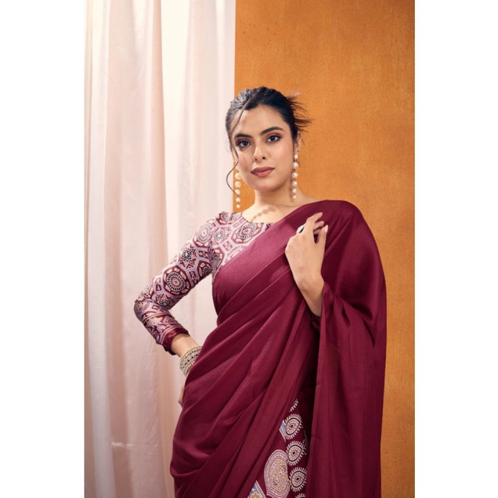 Generic Women's Satin Crepe Printed Saree With Unstitched Blouse 5.5Mtr (Maroon) - Image 3
