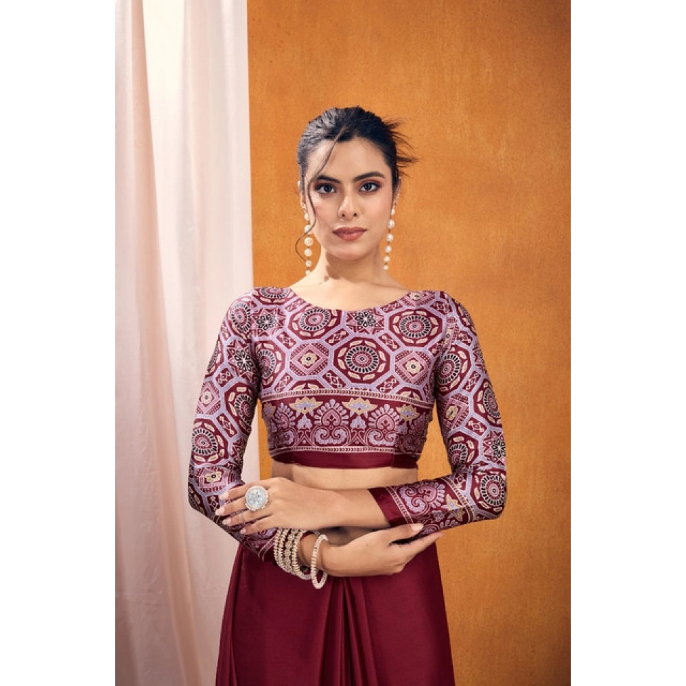Generic Women's Satin Crepe Printed Saree With Unstitched Blouse 5.5Mtr (Maroon) - Image 2