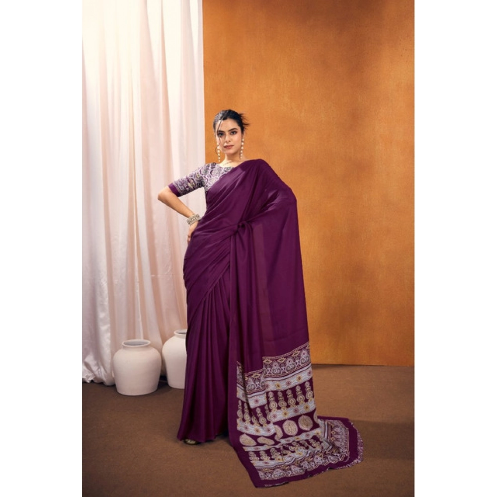 Generic Women's Satin Crepe Printed Saree With Unstitched Blouse 5.5Mtr (Purple) - Image 4