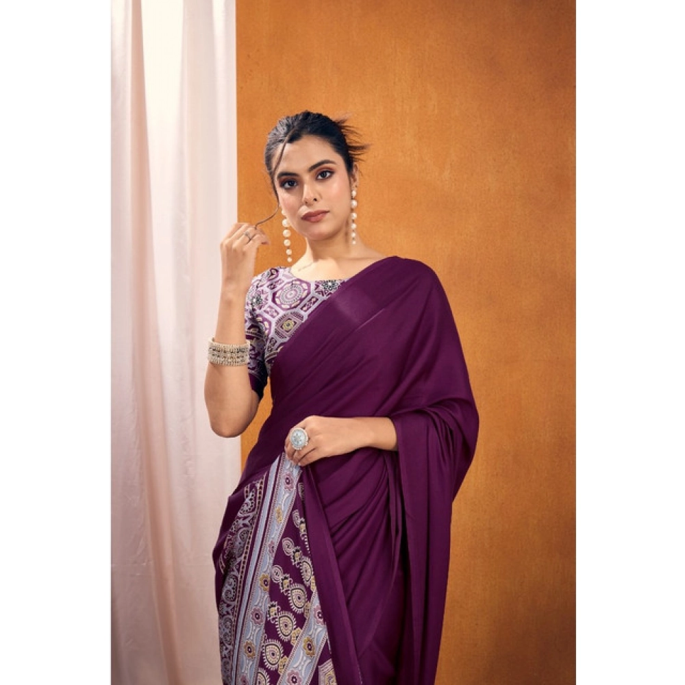 Generic Women's Satin Crepe Printed Saree With Unstitched Blouse 5.5Mtr (Purple) - Image 3