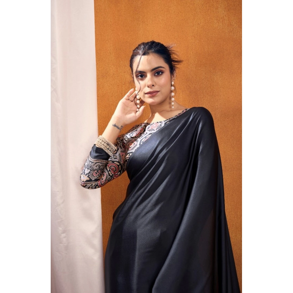 Generic Women's Satin Crepe Printed Saree With Unstitched Blouse 5.5Mtr (Black) - Image 3